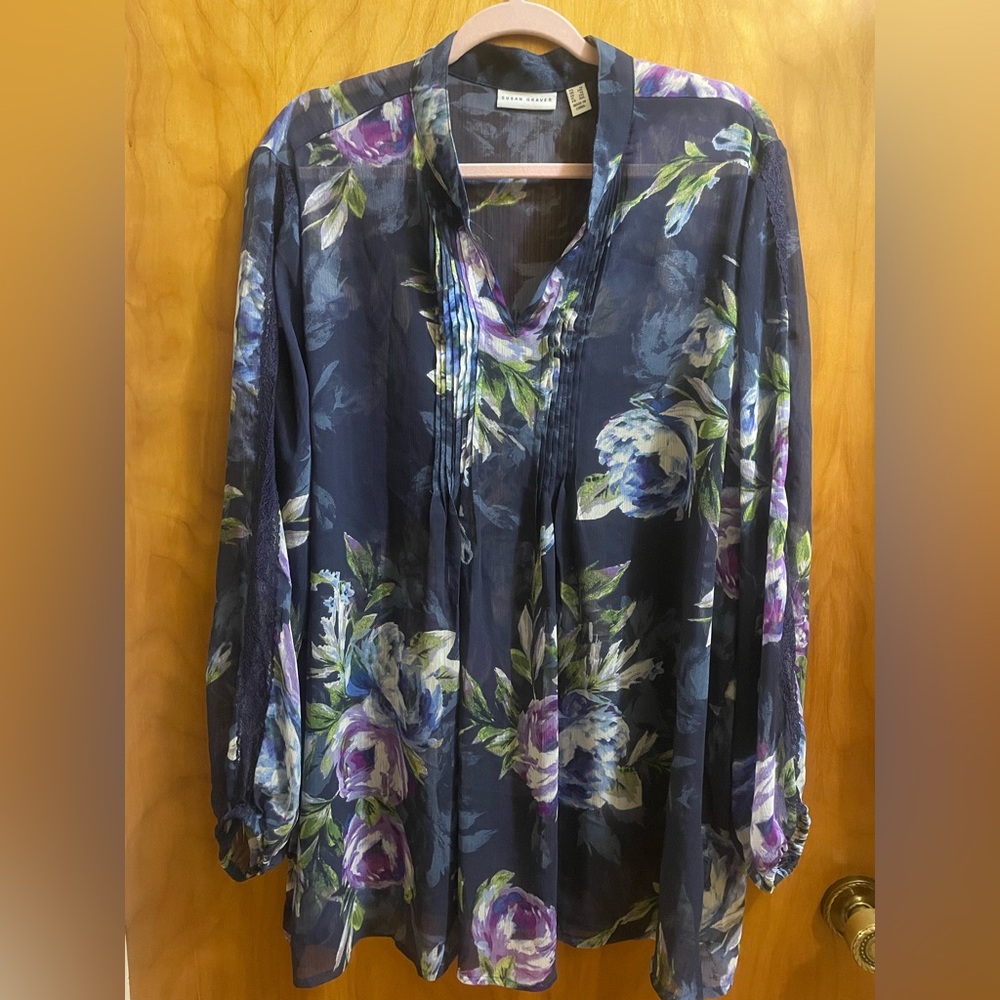 Susan Graver Sheer Floral Navy Blouse 1X